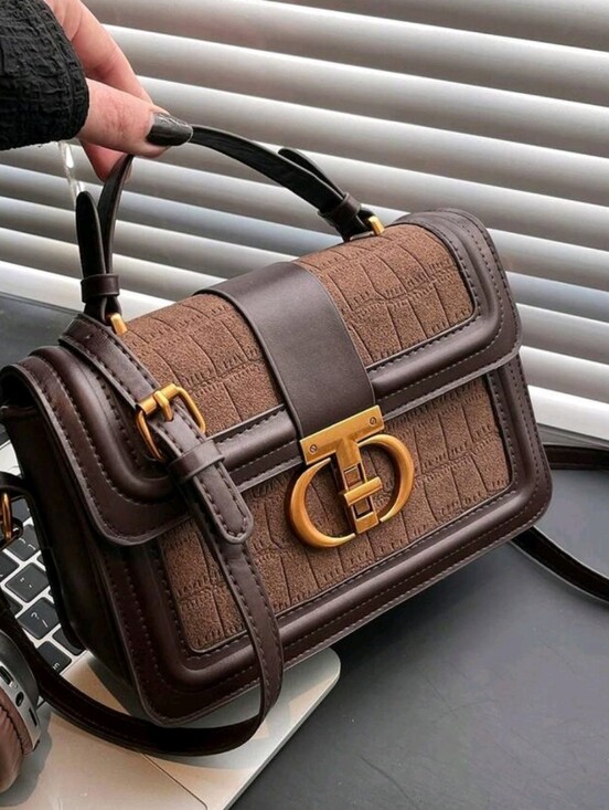 Handbags - Brown Structured Top-Handle Crossbody Bag with Gold Hardware